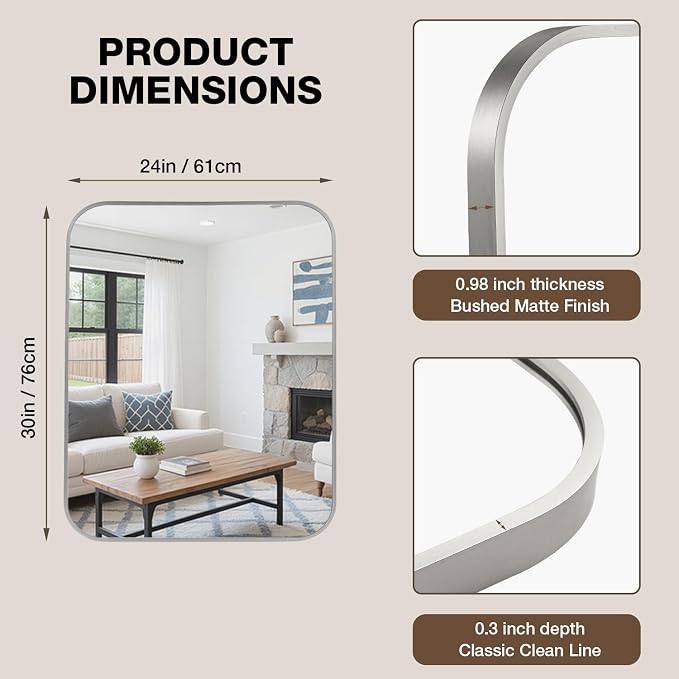24"x30" Bruhed Nickel Rectangle Vanity Bathroom Mirror, Set of 2 | Aluminum Alloy Frame, Clear Reflection, Rust-Resistant, Vertical or Horizontal, Wall Mount, Bedroom and Entryway
