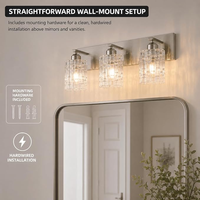 3-Light Crystal Bathroom Vanity Light Over Mirror, Nickel Modern Wall Light Fixture for Bathroom, Living Room, Bedroom, Hallway