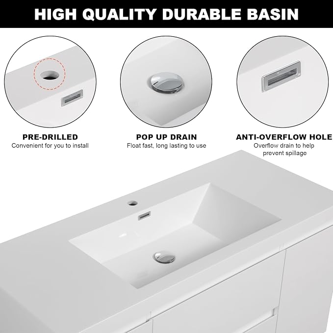 Pre-Assembled 48'' Wall Mounted Bathroom Vanity with Sink, Glossy White | Floating Bathroom Vanity with Single Sink, 2 Soft-Close Doors and 2 Drawers, Resin Integrated Sink, Easy to Install & Clean