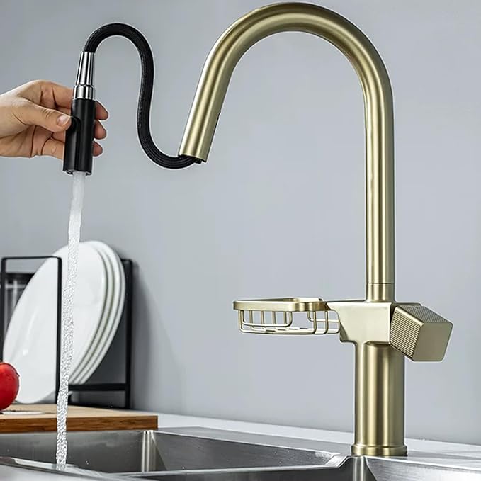 JRUIA Gold Extendable Bathroom Faucet, 360° Swivel Brass Faucet, Kitchen and Sink Mixer Tap, Modern Faucet with Soap Holder,Black