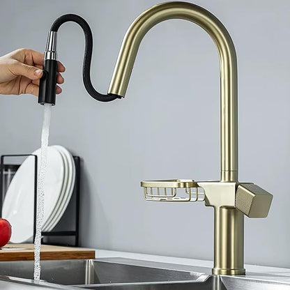 JRUIA Gold Extendable Bathroom Faucet, 360° Swivel Brass Faucet, Kitchen and Sink Mixer Tap, Modern Faucet with Soap Holder,Black