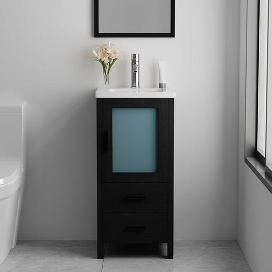 wonline 16 Inch Modern Bathroom Vanity with Sink, Single Bathroom Cabinet Vanity for Small Space, Freestanding Storage Drawered Cabinet with Faucet & Pop Up Drain, Black