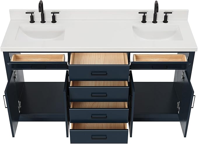 ARIEL Hepburn 66-inch Bathroom Vanity with Sink,Solid Wood, 1.5-inch Pure White Quartz Countertop, Double Rectangular Porcelain Sink, 4 Soft Closing Doors, 6 Dovetail Drawers, Midnight Blue