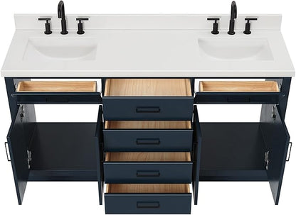 ARIEL Hepburn 66-inch Bathroom Vanity with Sink,Solid Wood, 1.5-inch Pure White Quartz Countertop, Double Rectangular Porcelain Sink, 4 Soft Closing Doors, 6 Dovetail Drawers, Midnight Blue