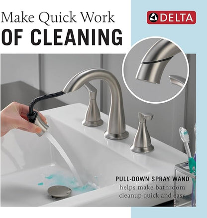 Delta Broadmoor Brushed Nickel Bathroom Faucet with Sprayer, 8 Inch 3 Hole Widespread Bathroom Sink Faucet with Pull Out Sprayer, Push-Pop Drain, SpotShield Stainless 35765LF-SPPD