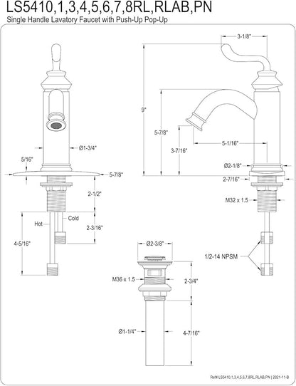 Fauceture LS5417RL Royale Single-Handle Bathroom Faucet with Push Pop-Up, Matte Black/Polished Chrome