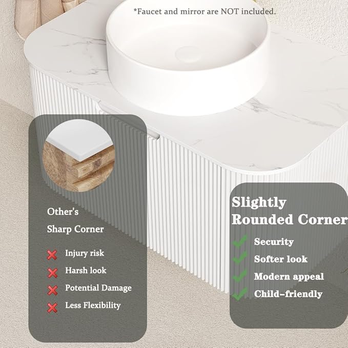 36'' Bathroom Vanities Cabinet with Sink Combo, Wall Mounted Floating Cabinet W/Curved Edges Stripes, Oak Plywood, Soft-Close System with a Drawer, White Round Ceramic Basin - Kiel, White