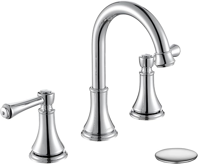 Chrome Two Handle 8 inch Widespread Bathroom Sink Faucet 3 Holes with Pop-Up Drain, High Arc Modern Bathroom Vanity Faucet with Brass 360° Swivel Spout,TAF830Y-CP