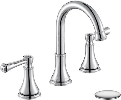 Chrome Two Handle 8 inch Widespread Bathroom Sink Faucet 3 Holes with Pop-Up Drain, High Arc Modern Bathroom Vanity Faucet with Brass 360° Swivel Spout,TAF830Y-CP