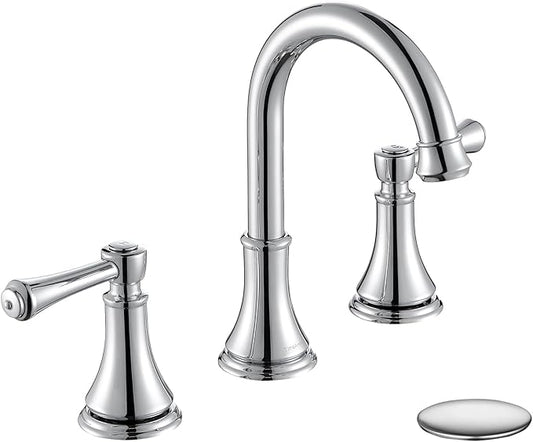 Chrome Two Handle 8 inch Widespread Bathroom Sink Faucet 3 Holes with Pop-Up Drain, High Arc Modern Bathroom Vanity Faucet with Brass 360° Swivel Spout,TAF830Y-CP