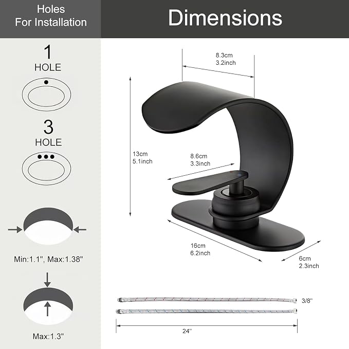 Waterfall Bathroom Sink Faucet, Matte Black Single Hole Vanity Faucet with Pop-Up Drain, Deck Plate & Supply Hoses, Modern 1 Handle Deck Mount for Bathroom Vanity Sink