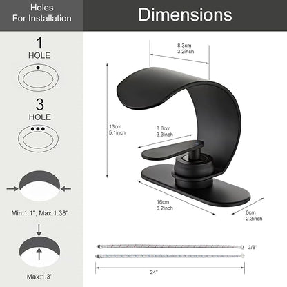 Waterfall Bathroom Sink Faucet, Matte Black Single Hole Vanity Faucet with Pop-Up Drain, Deck Plate & Supply Hoses, Modern 1 Handle Deck Mount for Bathroom Vanity Sink