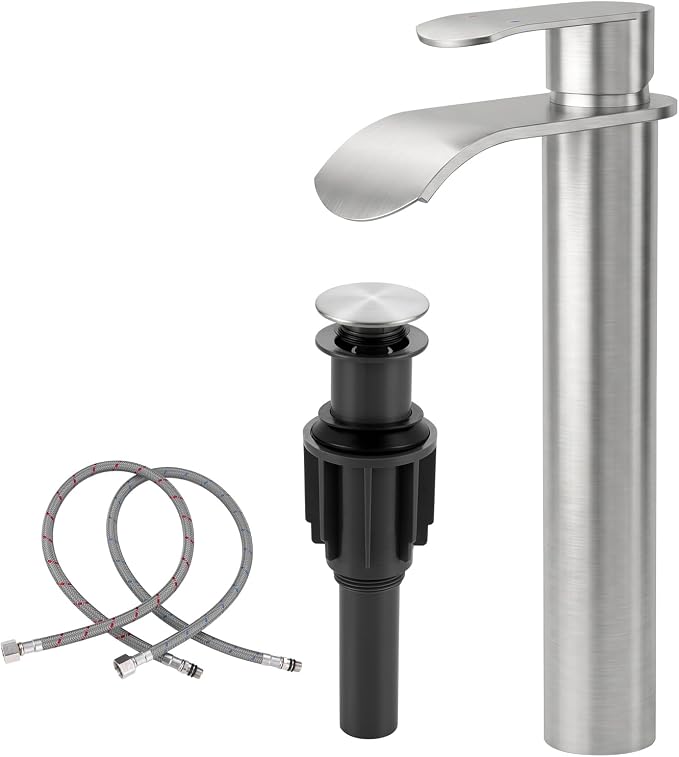 Vessel Sink Faucet Brushed Nickel for Bathroom：WOWOW Single Handle Tall Bathroom Faucet - Waterfall Single Hole Mixer Bar Tap with Large Rectangular Spout, Deck Mount Lavatory Vanity with Pop Up Drain