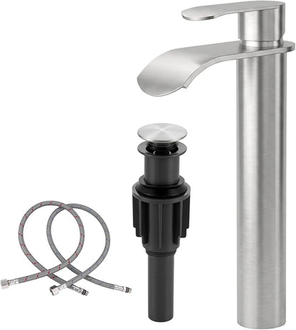 Vessel Sink Faucet Brushed Nickel for Bathroom：WOWOW Single Handle Tall Bathroom Faucet - Waterfall Single Hole Mixer Bar Tap with Large Rectangular Spout, Deck Mount Lavatory Vanity with Pop Up Drain