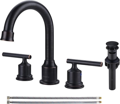 WOWOW 2 Handle Bathroom Faucet Oil Rubbed Bronze Bathroom Sink Faucet Widespread Vanity Faucet 3 Hole with Pop Up Drain and Supply Hoses High Arc Basin Faucet Brass