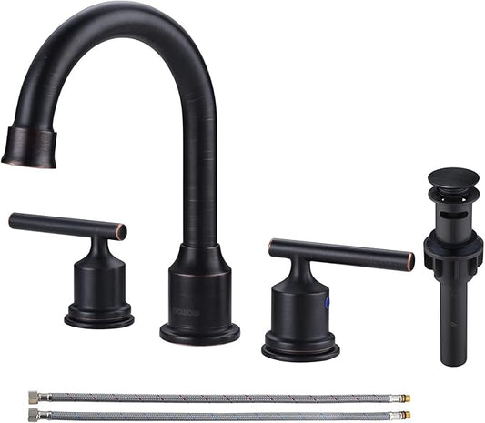 WOWOW 2 Handle Bathroom Faucet Oil Rubbed Bronze Bathroom Sink Faucet Widespread Vanity Faucet 3 Hole with Pop Up Drain and Supply Hoses High Arc Basin Faucet Brass