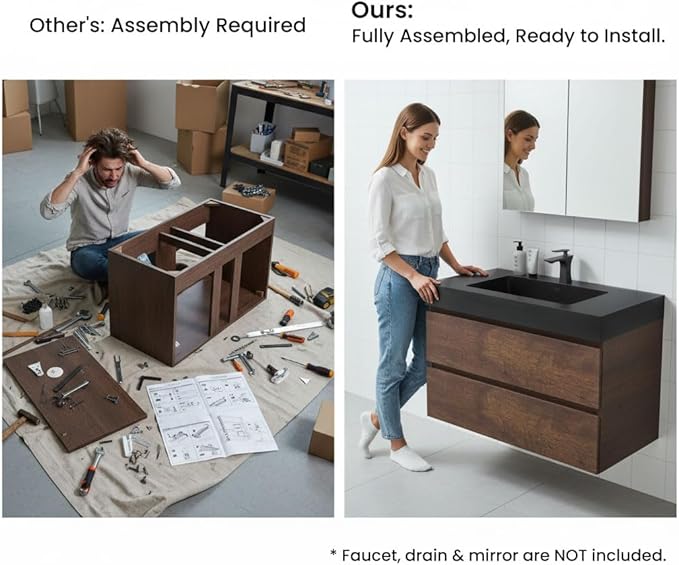 36" Floating Bathroom Vanity with Black Sink, Modern Bathroom Cabinet with Top and Soft Close Drawers, Spacious Storage for Small Space, Walnut - Lavanda Collection