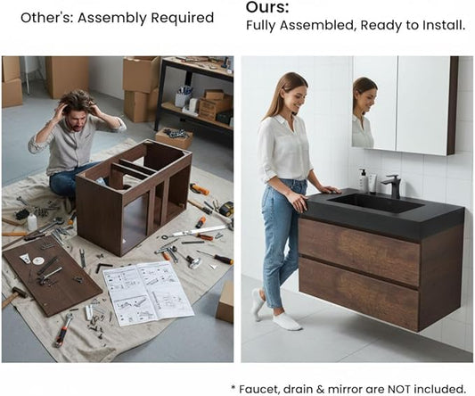 36" Floating Bathroom Vanity with Black Sink, Modern Bathroom Cabinet with Top and Soft Close Drawers, Spacious Storage for Small Space, Walnut - Lavanda Collection