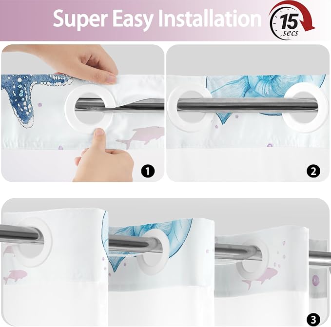 No Hook Shower Curtain and Liner Set, Watercolor Purple Beach Coastal 71x74 | Nautical Ocean for Bathroom, with Snap in Liner Replacement, Mesh Top Window, Waterproof, Machine Washable, Quick-Drying