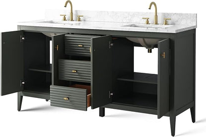 Vanity Art 60 inch Bathroom Vanity with Double Sink & Ceramic Top, Vanity Cabinet with Soft-Closing Door, Solid Wood Frame, Linear Pattern, Vintage Green, VA9160-DVG-MB,Matte Black Handles