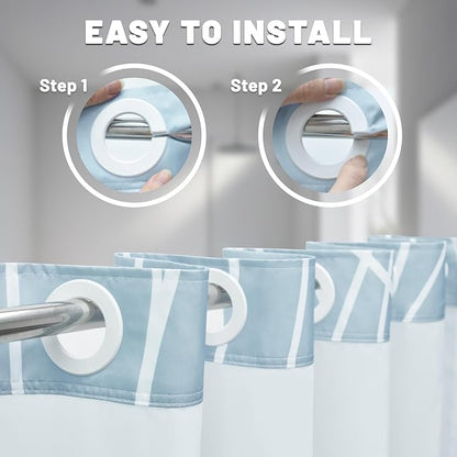 No Hook Light Blue Striped Shower Curtain with Snap in Liner Set - Hotel Shower Curtain and Liner Set with See Through Mesh Top Window,Machine Washable, 71x74 INCH
