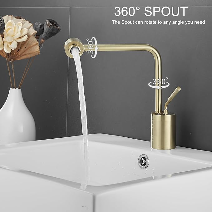 Gold Brushed Bathroom Sink Faucet One Hole Bathroom Faucet - 360 Degree Modern Vanity Basin Faucet with Water Supply Hoses Deck Mount