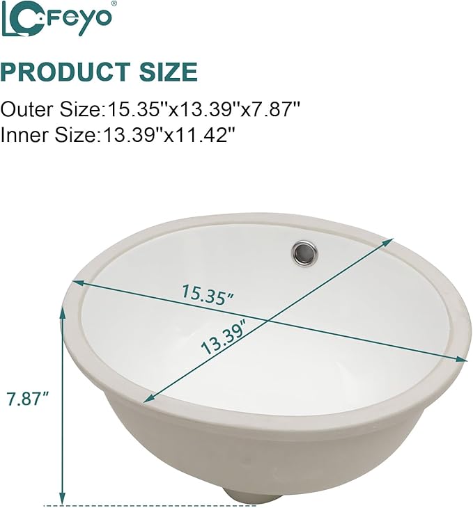 Undermount Bathroom Sink 15''x13'' White Oval Porcelain Ceramic Under Counter Sink for Bathroom Vanity, Vanity Basin Lavatory Sink Vessel Small Bathroom Remodel and Replacement