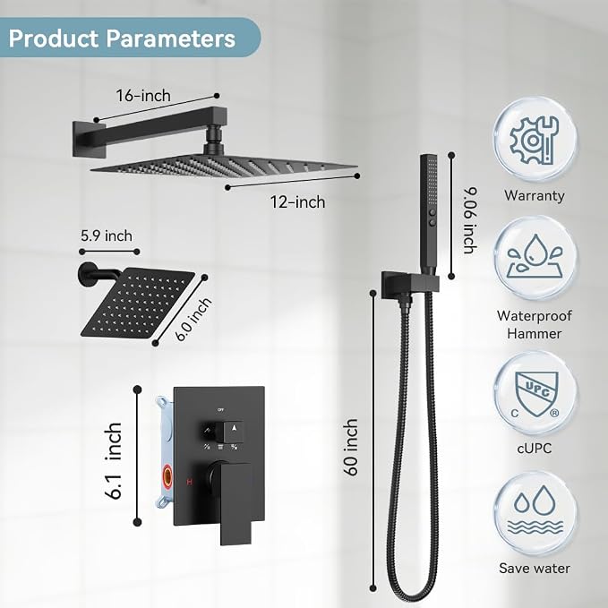 Shower Faucet Sets Rainfall Shower System, 12'' and 6'' Wall Mount Dual Shower Head, 2-in-1 Handheld Spray Gun, 5 Function Diverter with Pressure Balancing Valve Shower Set Matte Black