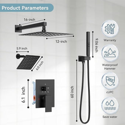 Shower Faucet Sets Rainfall Shower System, 12'' and 6'' Wall Mount Dual Shower Head, 2-in-1 Handheld Spray Gun, 5 Function Diverter with Pressure Balancing Valve Shower Set Matte Black