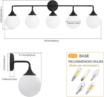 Black Bathroom Light Fixtures Over Mirror Vanity 5-Light | Mid Century Modern Matte Black Wall Sconce with Milky White Glass Ball Shades for for Bathroom Dressing Table Bedroom