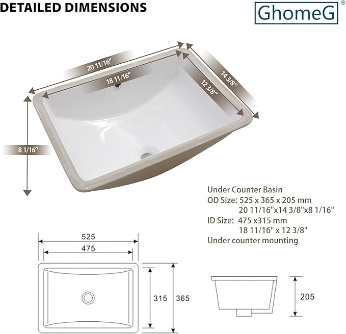 Undermount Bathroom Sink Rectangle 21x14 Inch White Rectangular Porcelain Ceramic Vessel Sink with Overflow, Under Counter Lavatory Vanity