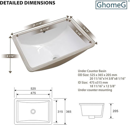 Undermount Bathroom Sink Rectangle 21x14 Inch White Rectangular Porcelain Ceramic Vessel Sink with Overflow, Under Counter Lavatory Vanity