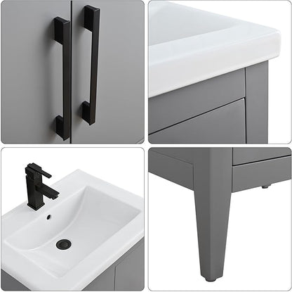 HomeBeyond 24 Inch Bathroom Vanity with Sink & Ceramic Top, Single Vanity Cabinet with Basin, Soft-Closing Doors & Matte Black Hardware, Grey