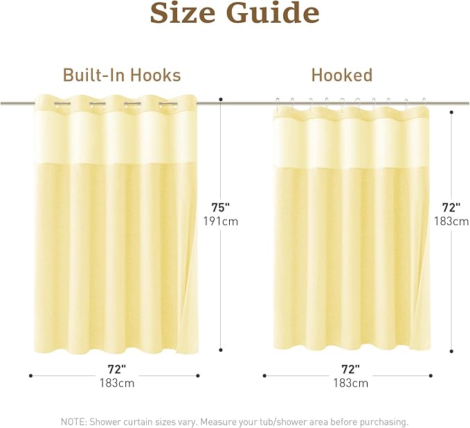 Yellow Ringless Linen Textured Shower Curtain with Snap in Liner 72x75 | 3 in 1 Modern Shower Curtain Set, Removable Liner, Waterproof & Washable, Mesh Top Window, Durable Fabric, Easy to Install