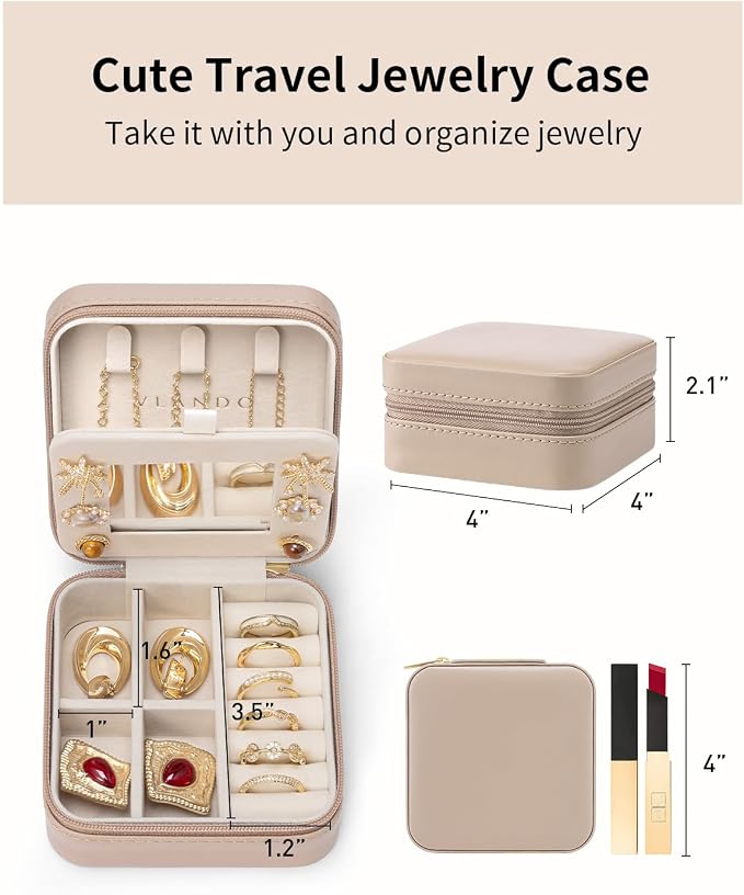 VLANDO Travel Jewelry Case with Mirror, Storage 3 Pairs of Stud Earrings | Necklace Hook for Anti-tangle, Removable Dividers, Waterproof PU Leather,Portable Storage for Rings, Necklace Gifts for Women