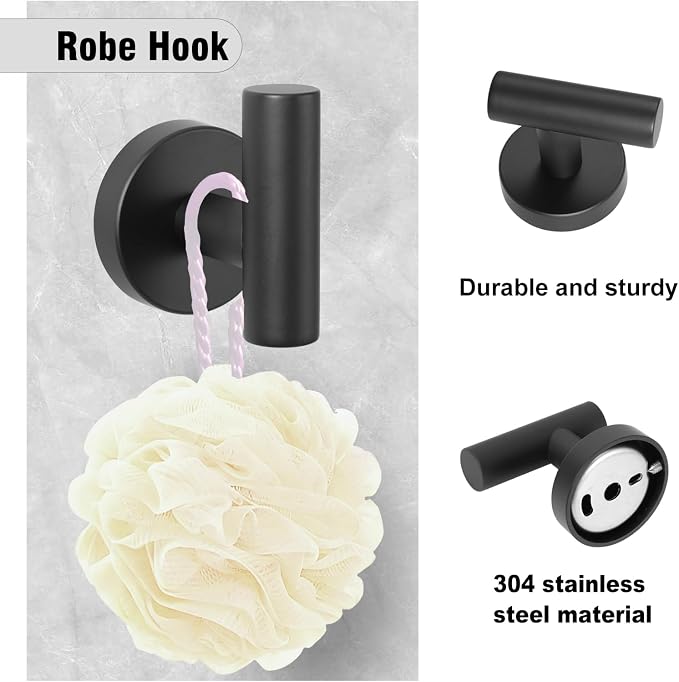 5 Piece Modern Style Wall Mounted Bathroom Hardware Set | #304 Stainless Steel, 24" Towel Bar Mount, Towel Rings, L Shape Toilet Paper Holder, Bathrobe Hook (Matt Black)