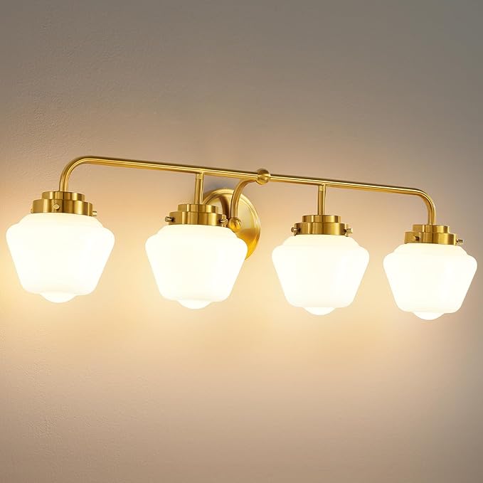 Bathroom Vanity Light Fixtures: 4 Lights Brushed Gold Vanity Lights for Bathroom, E26 60w Hardwired Wall Sconce Lighting with Frosted Milky Glass Over Mirror (Exclude Bulb)