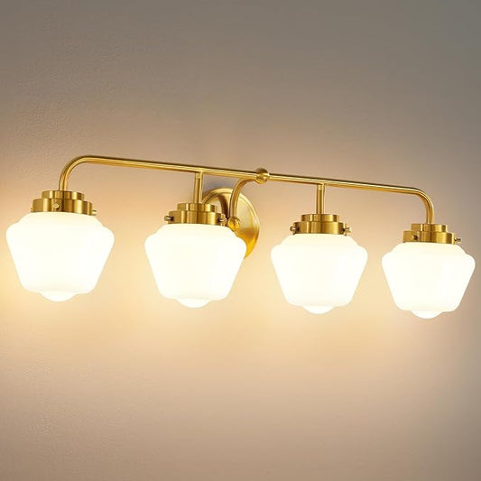 Bathroom Vanity Light Fixtures: 4 Lights Brushed Gold Vanity Lights for Bathroom, E26 60w Hardwired Wall Sconce Lighting with Frosted Milky Glass Over Mirror (Exclude Bulb)