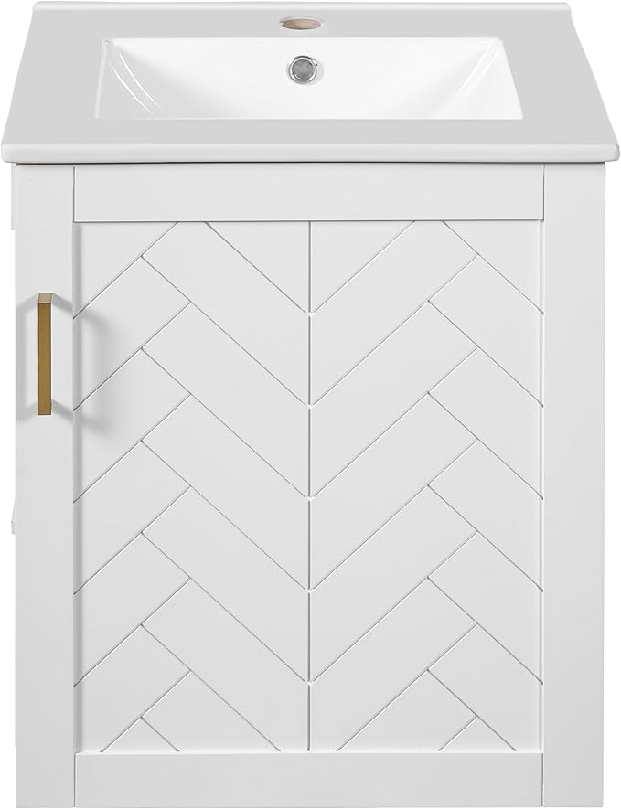 Merax Herringbone Single Sink Bathroom Vanity, Floating 20" Modern Bathroom Vanity Cabinet with Side Storage, Toilet Paper Holder, Solid Wood Cleat Wall Mount