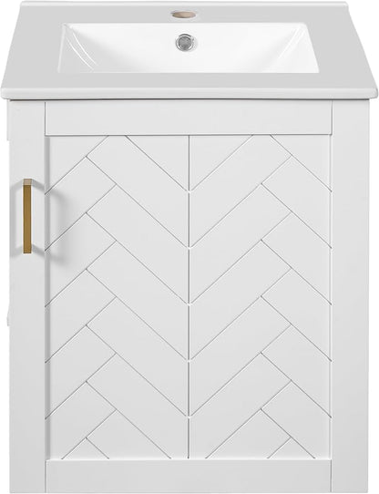 Merax Herringbone Single Sink Bathroom Vanity, Floating 20" Modern Bathroom Vanity Cabinet with Side Storage, Toilet Paper Holder, Solid Wood Cleat Wall Mount