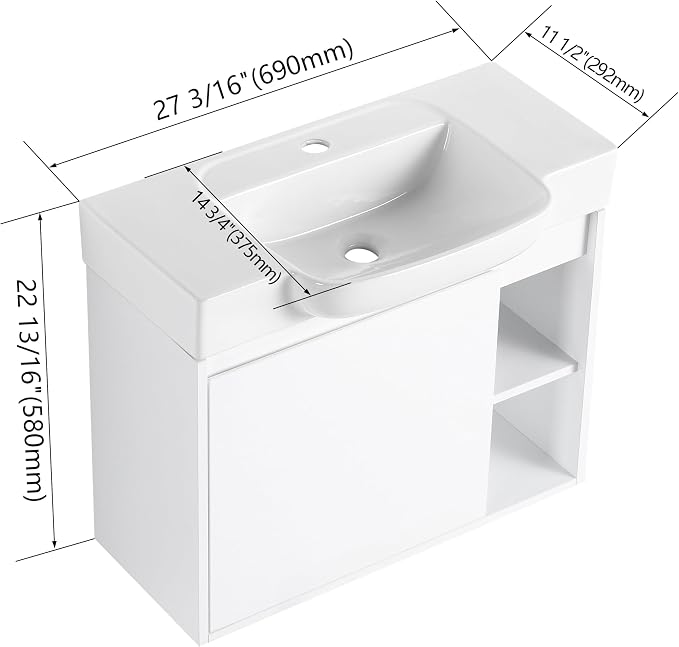 28" Bathroom Vanity with Sink, Wall-Mounted Cabinet, Glossy White | Ceramic Sink, Soft-Close Door & 2 Open Storage Shelves, Modern Farmhouse Sink Cabinet, Easy to Clean for Small Bathroom