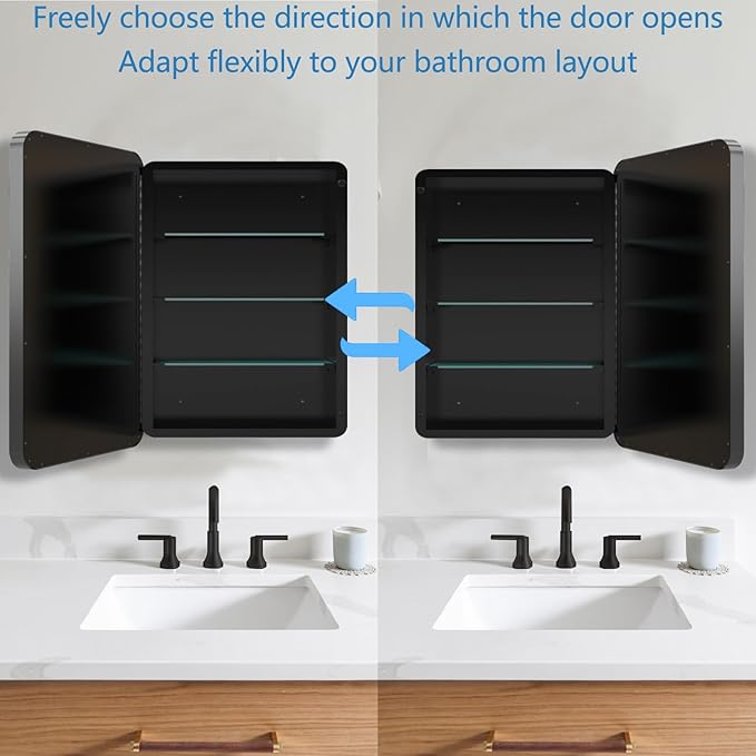 Medicine Cabinet with 24x24 inch Square Mirror, Stainless Steel Black Frame, Bathroom Wall Cabinet with Removable Glass Shelves, Recessed & Surface, Waterproof Bathroom Storage Cabinet