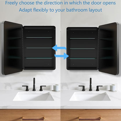 Medicine Cabinet with 24x24 inch Square Mirror, Stainless Steel Black Frame, Bathroom Wall Cabinet with Removable Glass Shelves, Recessed & Surface, Waterproof Bathroom Storage Cabinet