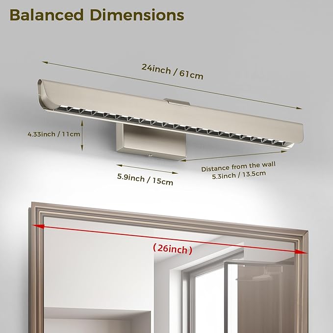 24" Brushed Nickel LED Vanity Light Bar for Bathroom Mirror, Dimmable 6000K White, Modern Wall Fixture for Bathroom & Bedroom Lighting Over Mirror, Hardwired Installation