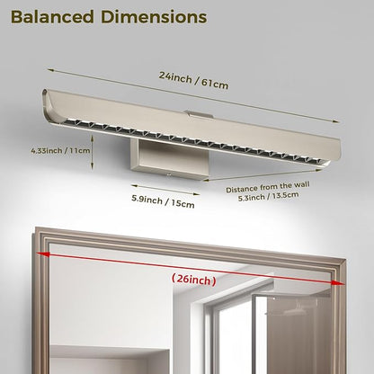 24" Brushed Nickel LED Vanity Light Bar for Bathroom Mirror, Dimmable 6000K White, Modern Wall Fixture for Bathroom & Bedroom Lighting Over Mirror, Hardwired Installation