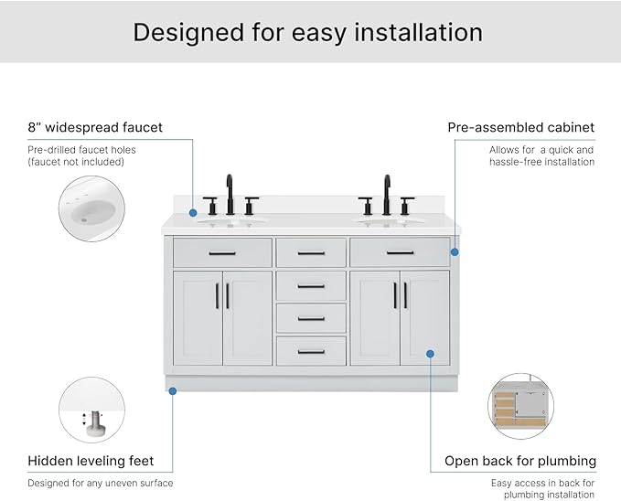 ARIEL Hepburn 60-inch Bathroom Vanity with Sink,Solid Wood, 1.5-inch Pure White Quartz Countertop & Backsplash, Double Oval Porcelain Sink, 4 Soft Closing Doors, 6 Dovetail Drawers, Grey