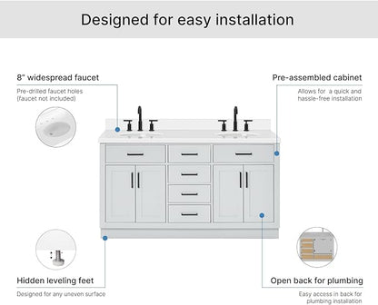 ARIEL Hepburn 60-inch Bathroom Vanity with Sink,Solid Wood, 1.5-inch Pure White Quartz Countertop & Backsplash, Double Oval Porcelain Sink, 4 Soft Closing Doors, 6 Dovetail Drawers, Grey