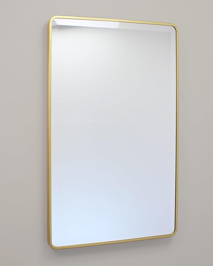 16x26 Austin Farmhouse Metal Framed Rounded Rectangle Recessed Bathroom Medicine Cabinet, Beveled Mirror, 14x24 in-Wall Opening, powder-coated Steel, Adjustable Glass Shelves, Magnet Close, Gold