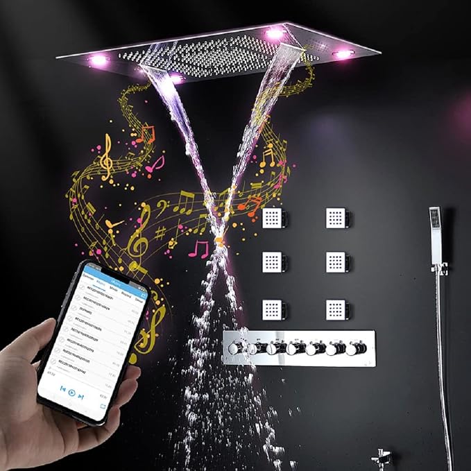 CASCADA 23"x31" LED Shower System with Handheld Shower | Luxurious Design 6 Functions (Rainfall, Waterfall, Curtain, Misty, Body Jets & Handheld) | 7 Knob Valve (Music, Rose Gold)
