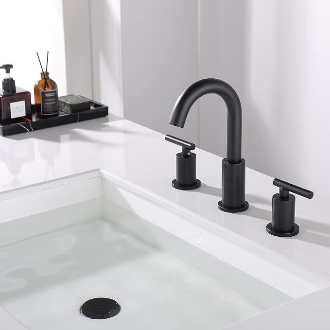ChiLDano Black Faucets for Bathroom Sink, 3 Hole Bathroom Faucet with Drain | 2 Handles Widespread Bathroom Faucet for Sink, 8 in Spread Black Sink Faucets Bathroom with Swivel Spout